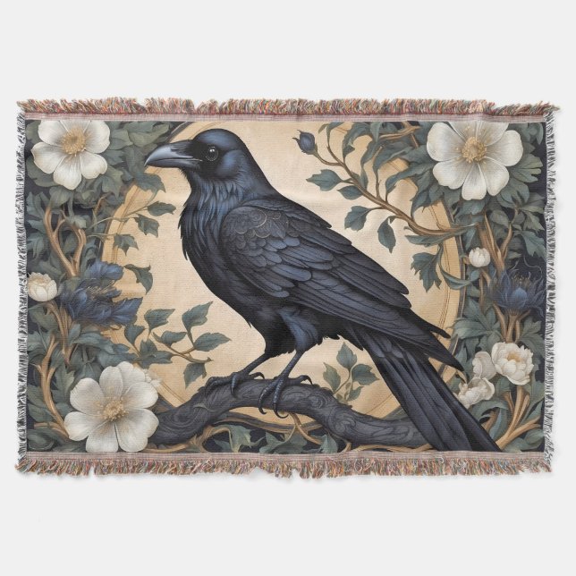 Black Raven William Morris Inspired Throw Blanket (Front)