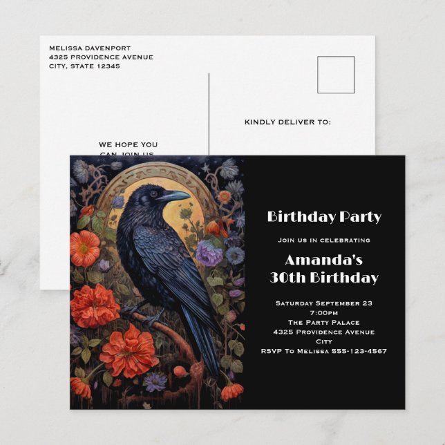 Black Raven with Flowers Gothic Birthday Invite Postcard (Front/Back)