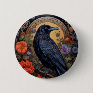 Black Raven with Flowers Gothic Design 6 Cm Round Badge