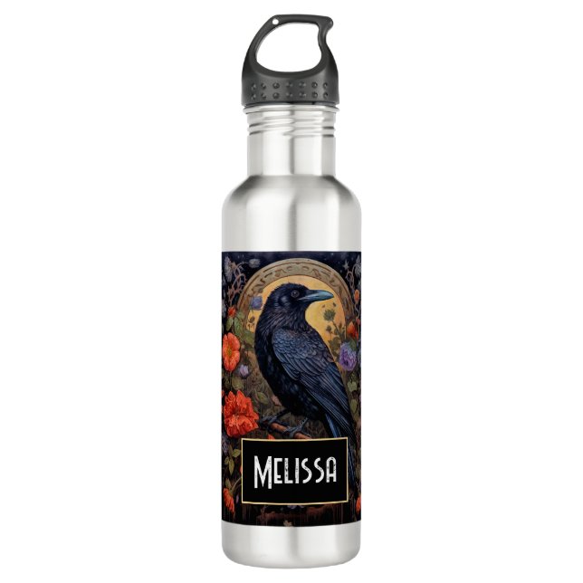 Black Raven with Flowers Gothic Design 710 Ml Water Bottle (Front)