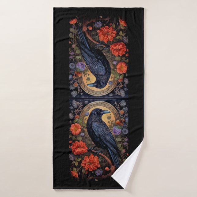 Black Raven with Flowers Gothic Design Bath Towel Set (Bath Towel)