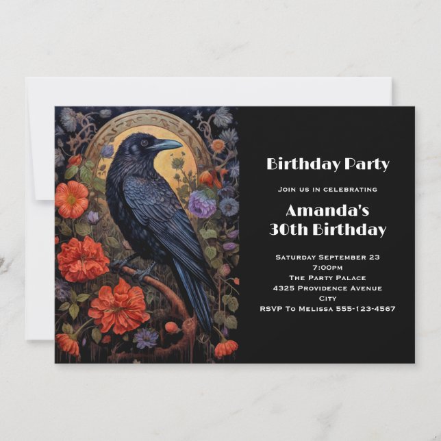 Black Raven with Flowers Gothic Design Birthday Invitation (Front)
