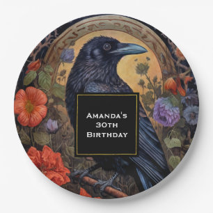 Black Raven with Flowers Gothic Design Birthday Paper Plate