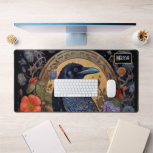 Black Raven with Flowers Gothic Design Desk Mat