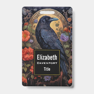Black Raven with Flowers Gothic Design ID Badge