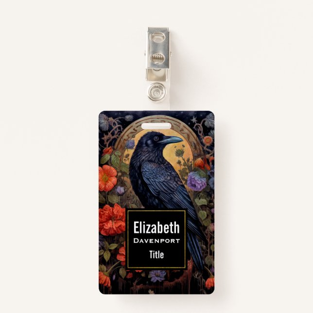 Black Raven with Flowers Gothic Design ID Badge (Front with Clip)