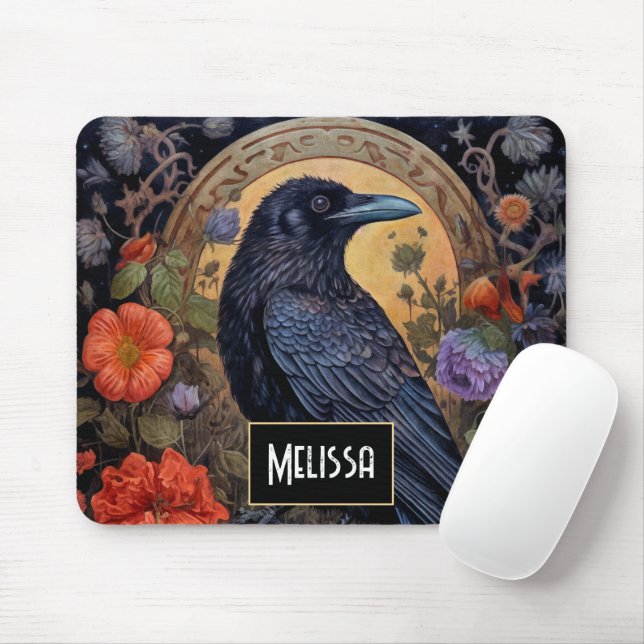 Black Raven with Flowers Gothic Design Mouse Mat (With Mouse)