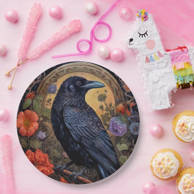 Black Raven with Flowers Gothic Design Paper Plate (Party)