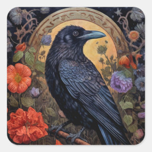 Black Raven with Flowers Gothic Design Square Sticker