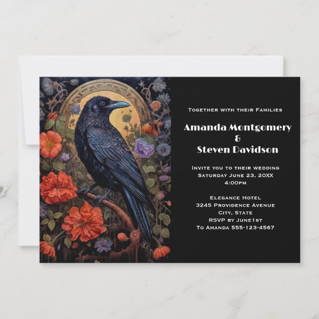 Black Raven with Flowers Gothic Design Wedding Invitation (Front)