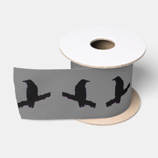 Black Ravens or Crows on Gray Satin Ribbon