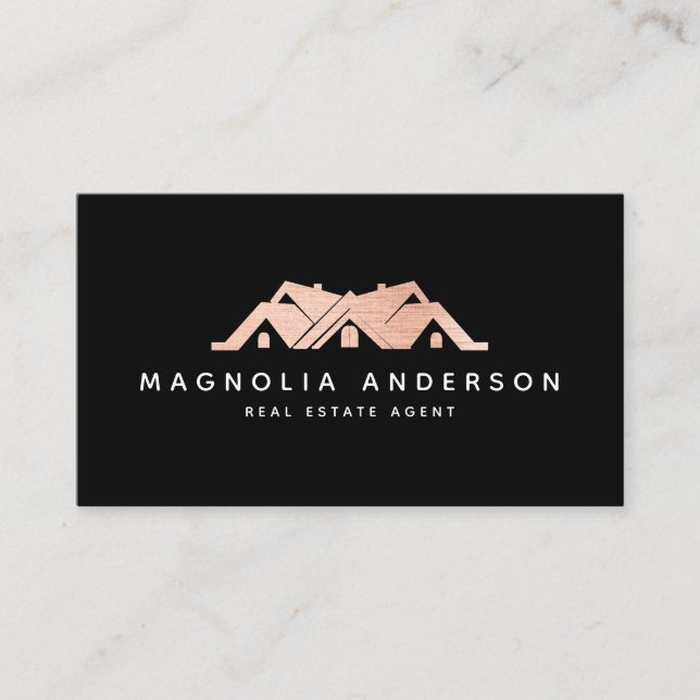 Black Real Estate Agent Rose Gold Brushed Metal Business Card (Front)
