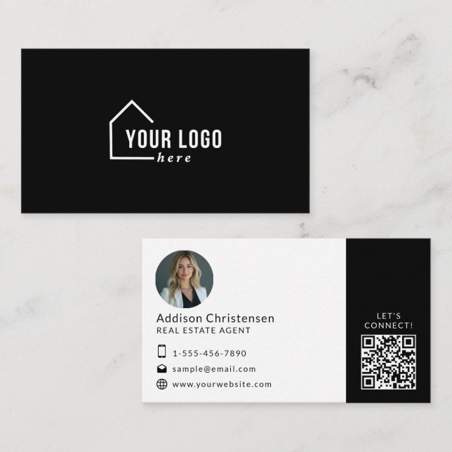 Black Real Estate Logo Photo QR Code Business Card (Front/Back)