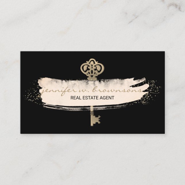 Black Real Estate Retro Gold Key Business Card (Front)