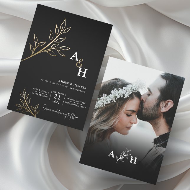 Black Real Foil Monogram Foliage Photo Wedding (Creator Uploaded)