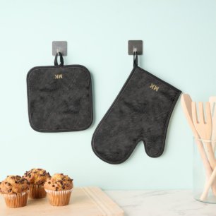 Black Realistic Fur Texture Monogram Oven Mitt & Pot Holder Set