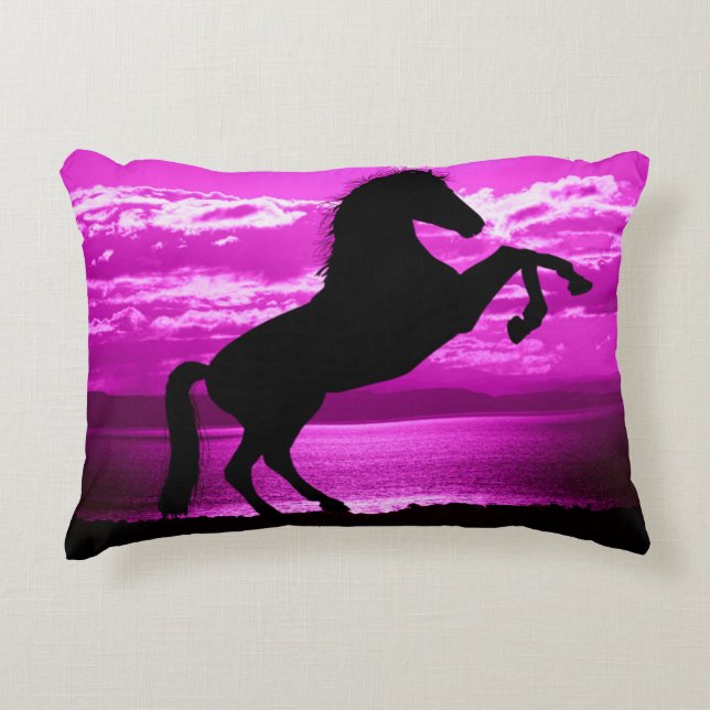 Black rearing horse with purple background pillow. decorative cushion (Front)