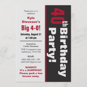 Black & Red 40th Birthday Party Invitation