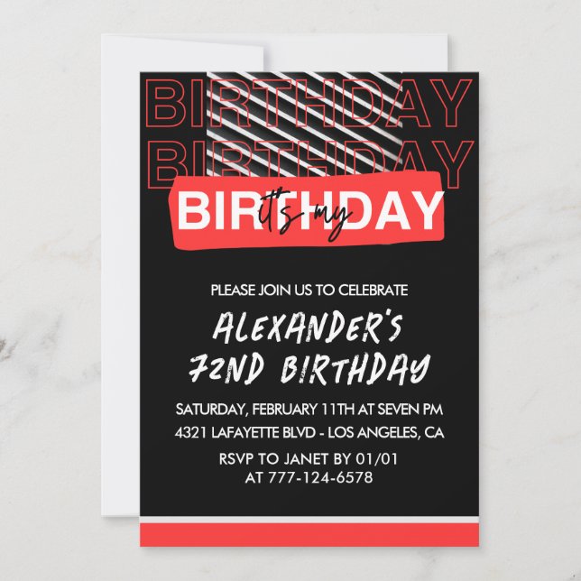 Black Red 72nd birthday Party invitations Men  (Front)