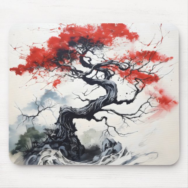 Black Red Abstract Tree Mouse Mat (Front)