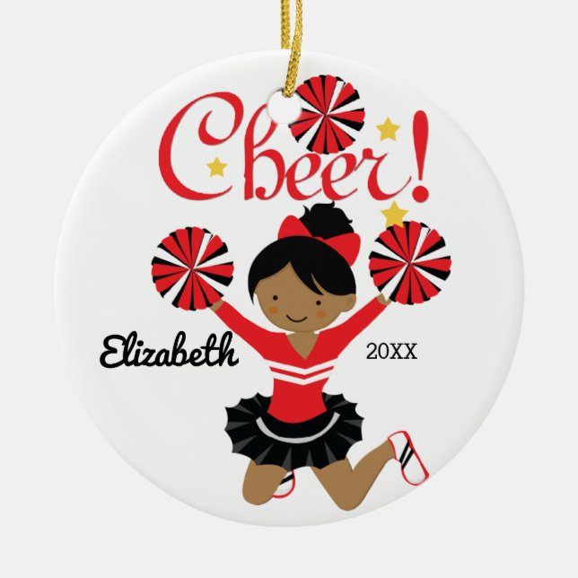 Black & Red African American Cheerleader Ornament (Front)