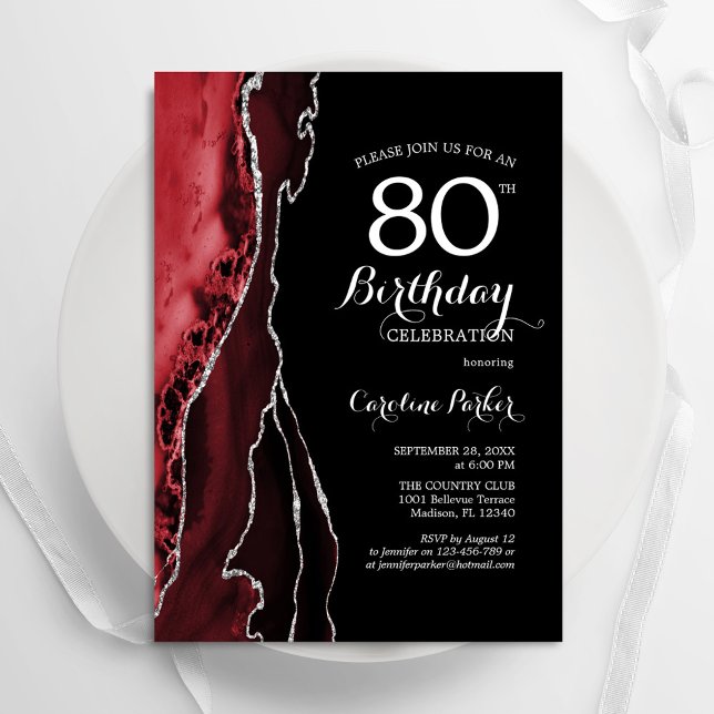 Black Red Agate 80th Birthday Invitation (Creator Uploaded)