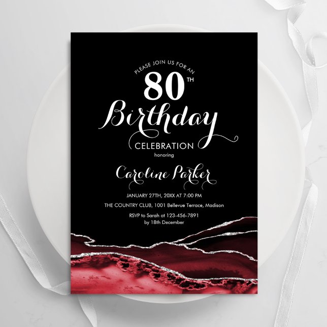 Black Red Agate 80th Birthday Invitation (Creator Uploaded)