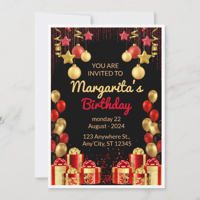 Black, Red and Gold Elegant Birthday Party Flyer Invitation (Front)