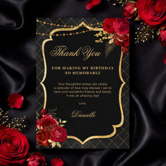 Black, Red and Gold Flat Birthday Thank You Card