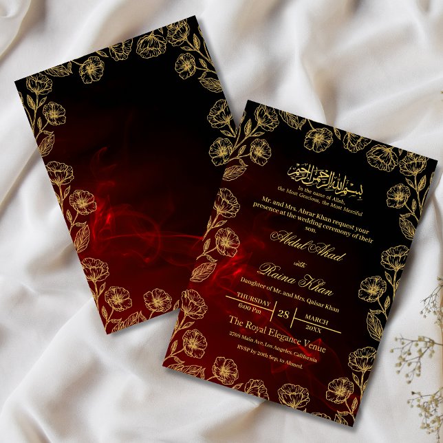 black Red And Gold Floral Islamic Muslim Wedding Invitation (Creator Uploaded)