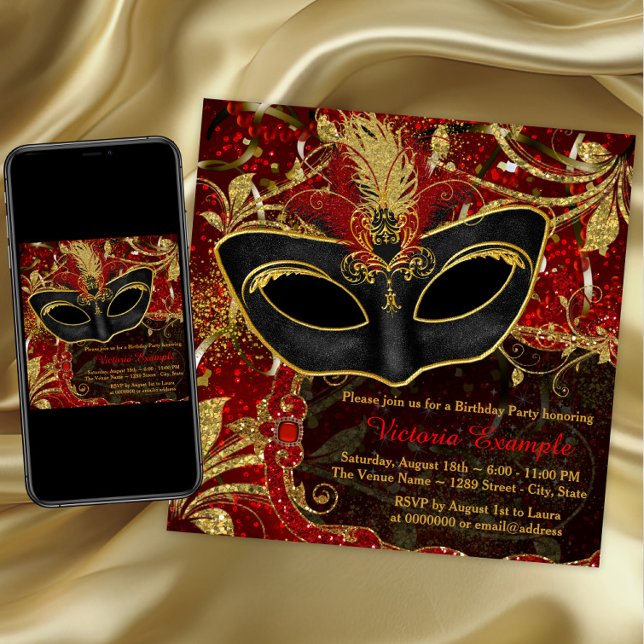 Black Red and Gold Maquerade Party Invitation (Red and gold masquerade party invitation. Any occasion. Digital download and printed available.)