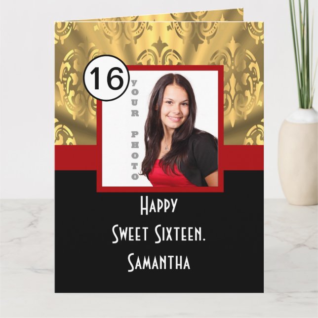Black red and gold sweet sixteen thank you card (Front)