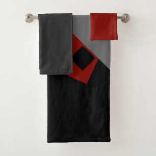Black red and gray geometric bath towel set