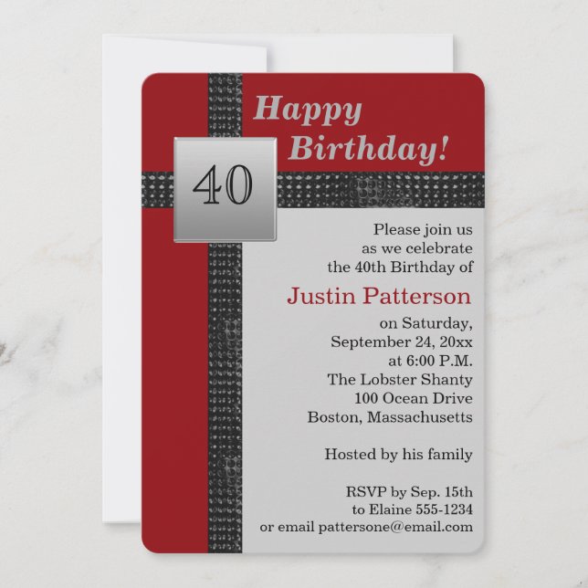 Black, Red, and Grey 40th Birthday Invitation (Front)