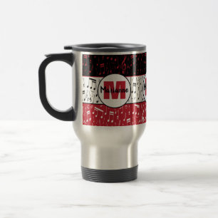 Black red and silver music notes travel mug