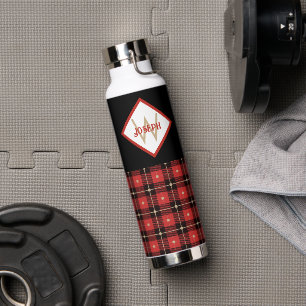 Black Red and Tan Lumberjack Plaid Monogrammed  Water Bottle