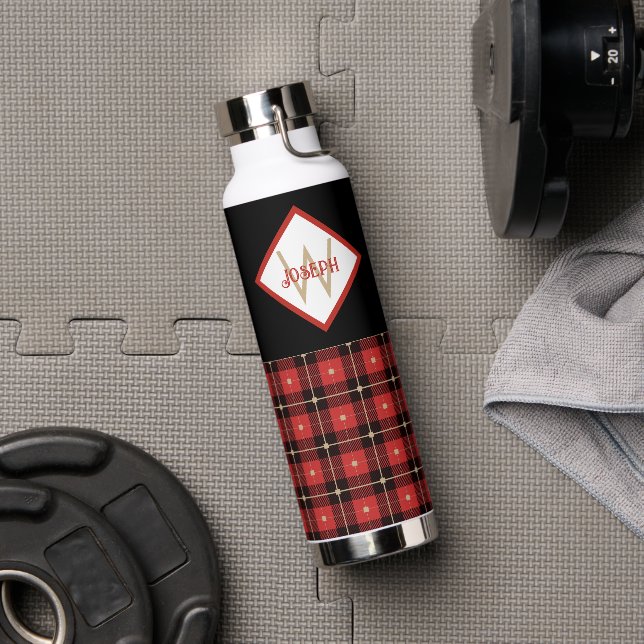 Black Red and Tan Lumberjack Plaid Monogrammed  Water Bottle (Gym)
