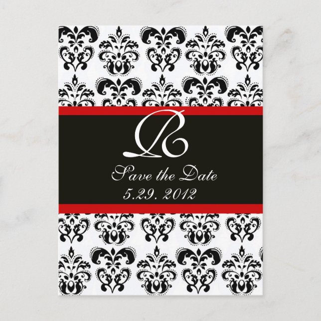 BLACK  RED AND WHITE DAMASK MONOGRAM ANNOUNCEMENT POSTCARD (Front)