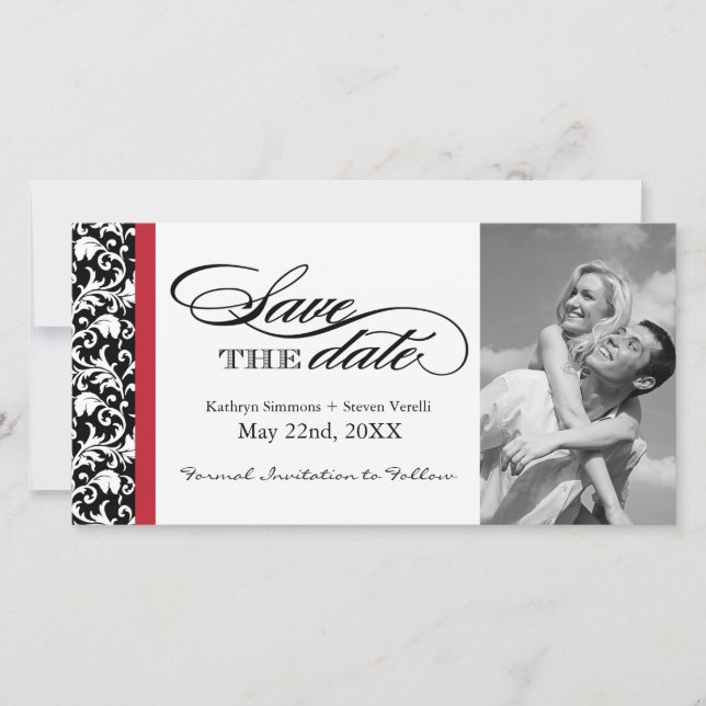 Black, Red and White Damask  Save The Date (Front)