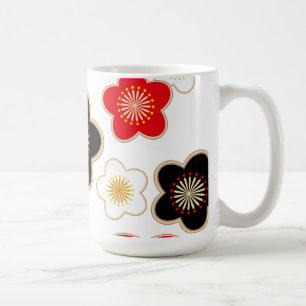 black, red, and white flowers coffee mug