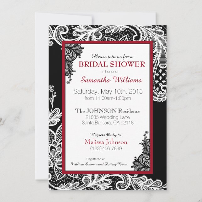 Black Red and White Lace Bridal Shower Invitation (Front)