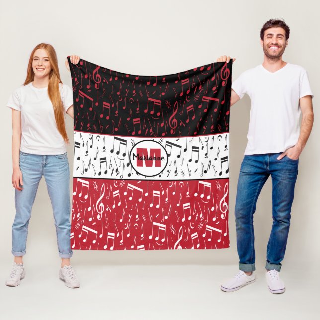 Black red and white music notes fleece blanket (In Situ)