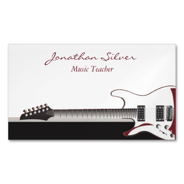 Black Red and White Piano & Guitar Music Teacher Magnetic Business Card (Front)