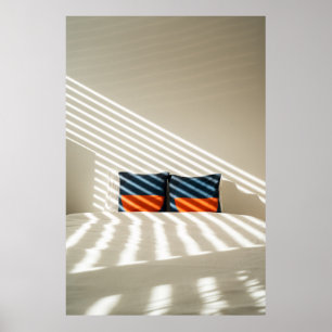 Black red and white plaid textile on white bed poster