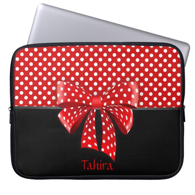 Black, Red and White Polka Dots Ribbon Laptop Sleeve (Front)