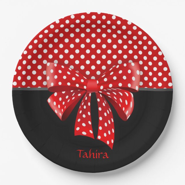Black, Red and White Polka Dots Ribbon Paper Plate (Front)