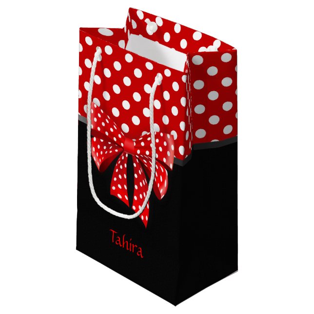 Black, Red and White Polka Dots Ribbon Small Gift Bag (Front Angled)