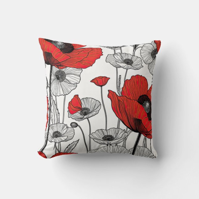 Black, red and white poppy line art cushion (Front)