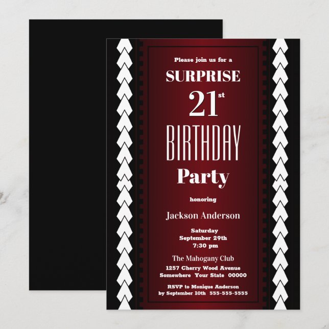 Black Red and White Surprise 21st Birthday Party Invitation (Front/Back)