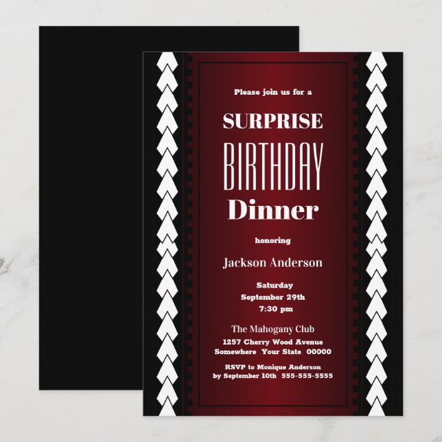Black Red and White Surprise Birthday Dinner Invitation (Front/Back)